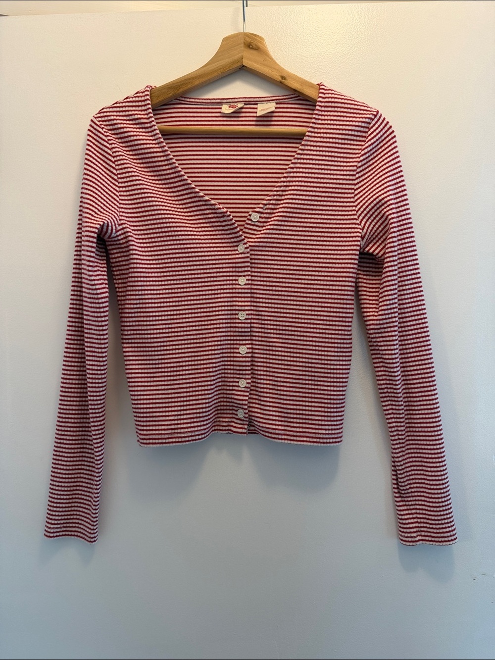 Levi's Red and White Striped V-Neck Button-Down Top Size Small